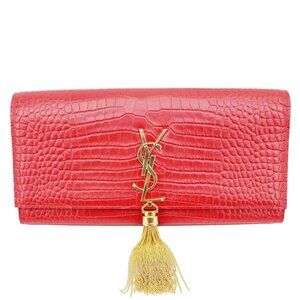 Yves Saint Laurent  Kate Tassel Crocodile Embossed Leather Wallet Red